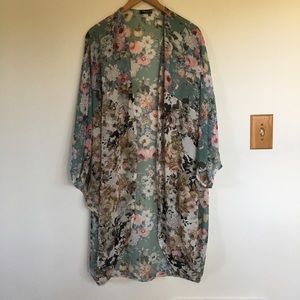 Aqua/Pink Floral Kimono, 1XL